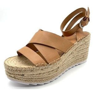 Marc Fisher Tan Leather Espadrille Wedge Sandals